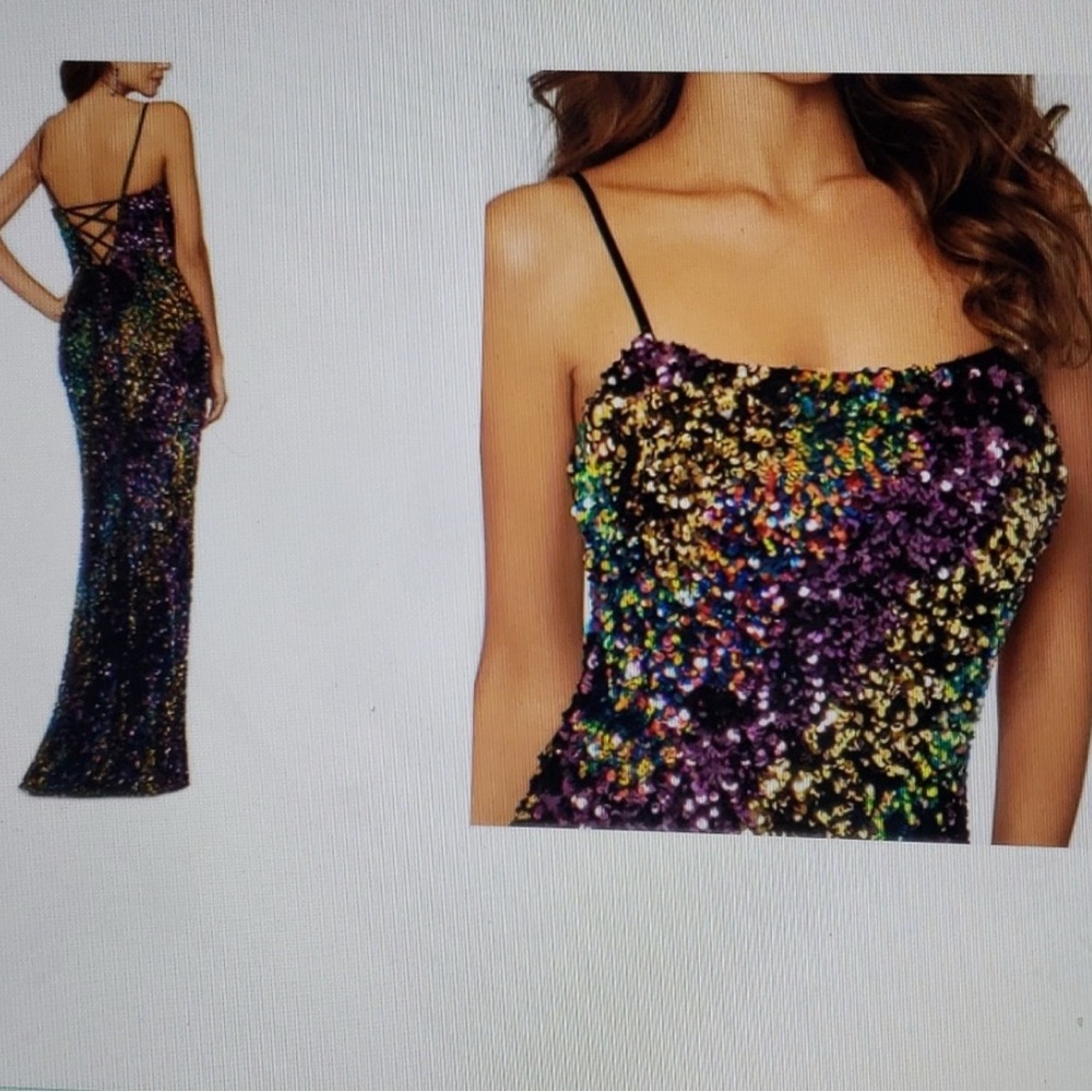 Betsy & Adam Sequin Embellished Purple and Gold Gown
